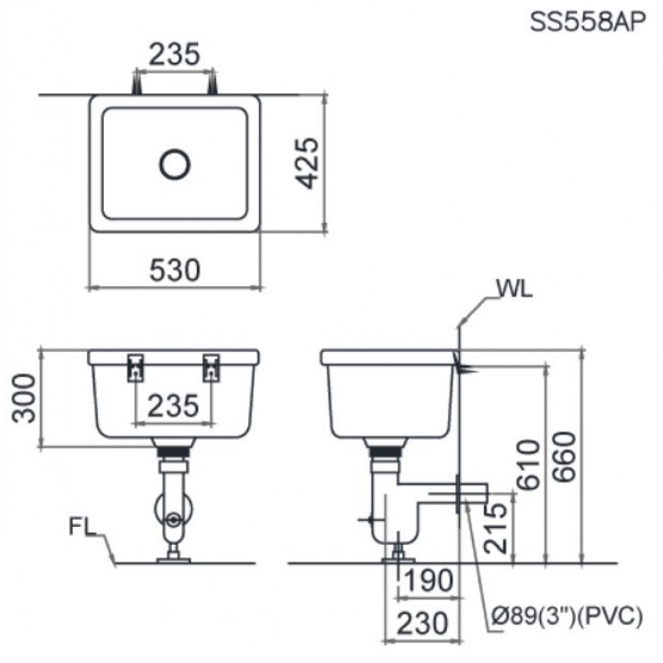 Chậu Giặt Xả Vào Tường CAESAR SS558AP (Bộ xả BF558P)