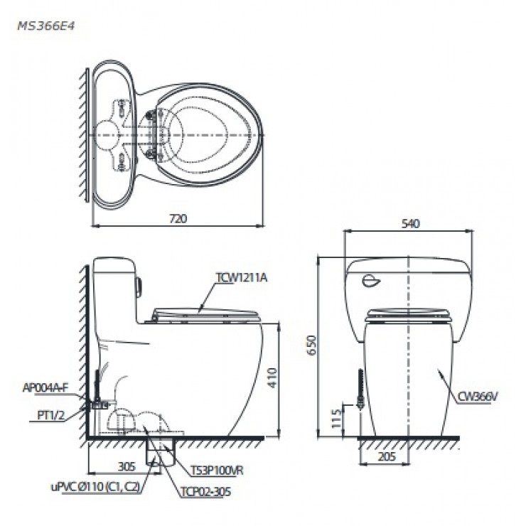 Bàn Cầu TOTO MS366E4 Một Khối Nắp Cơ