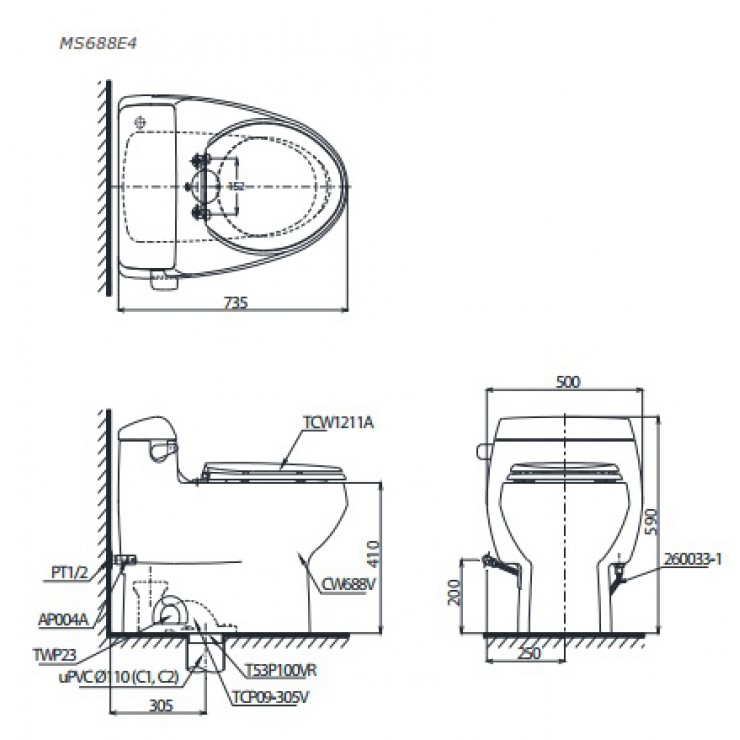 Bồn Cầu TOTO MS688E4 Một Khối Nắp Cơ