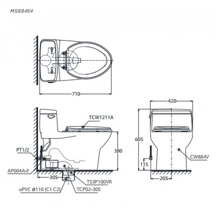 Bàn Cầu TOTO MS884E4 Một Khối Nắp Cơ