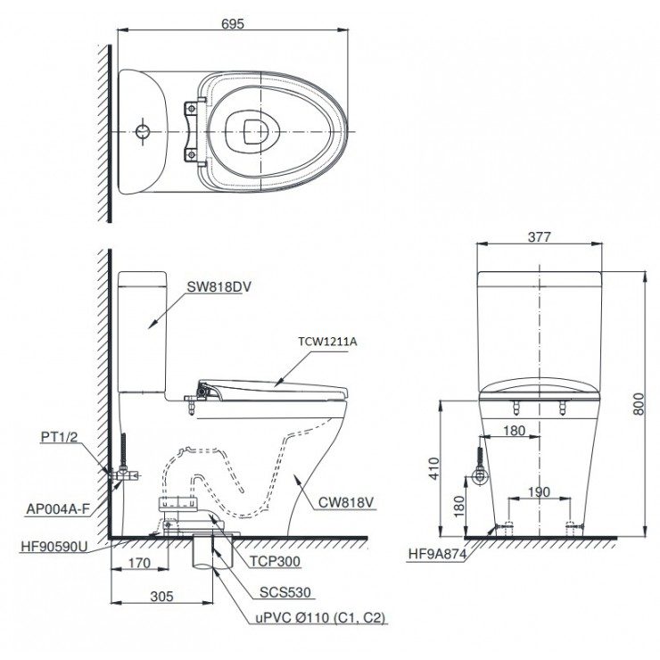 Bồn Cầu TOTO CS818DE4 Hai Khối Nắp Cơ