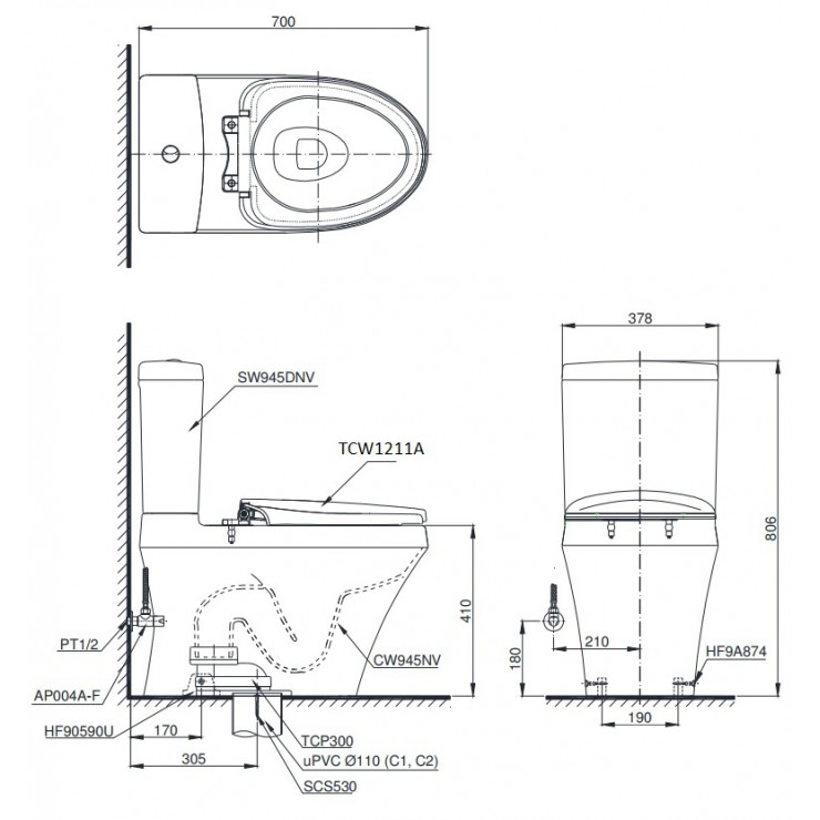 Bồn Cầu TOTO CS945DNE4 Hai Khối Nắp Cơ