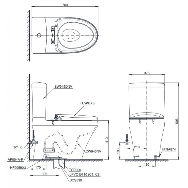 Bồn Cầu TOTO CS945DNE2 Hai Khối Nắp Cơ