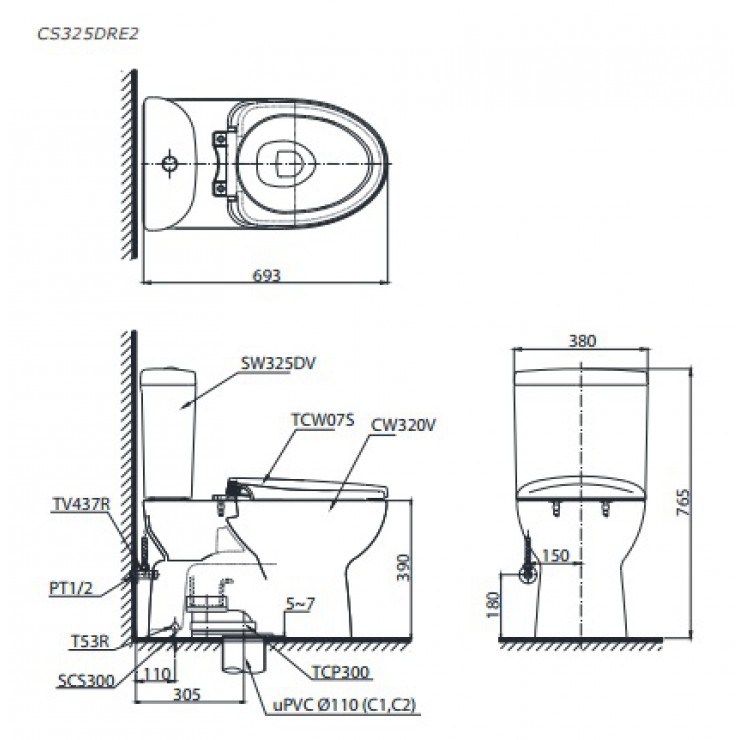 Bồn Cầu TOTO CS325DRE2 Hai Khối Nắp Cơ