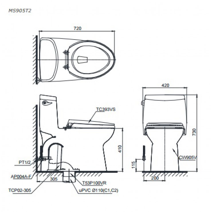 Bồn Cầu Một Khối TOTO MS905T2 Nắp TC393VS