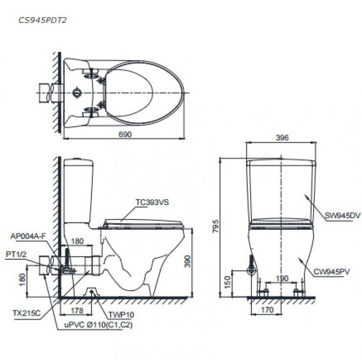 Bồn Cầu Hai Khối TOTO CS945PDT2 Thoát Ngang