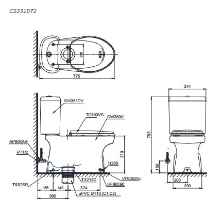 Bồn Cầu Hai Khối TOTO CS351DT2 Nắp TC393VS