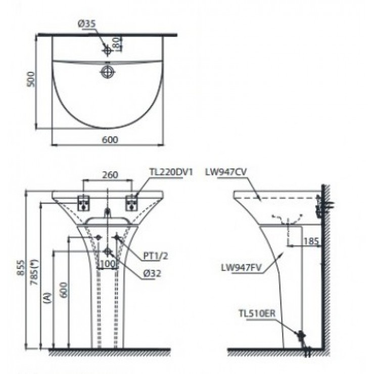 Chậu Lavabo TOTO LPT947CS Treo Tường Chân Dài