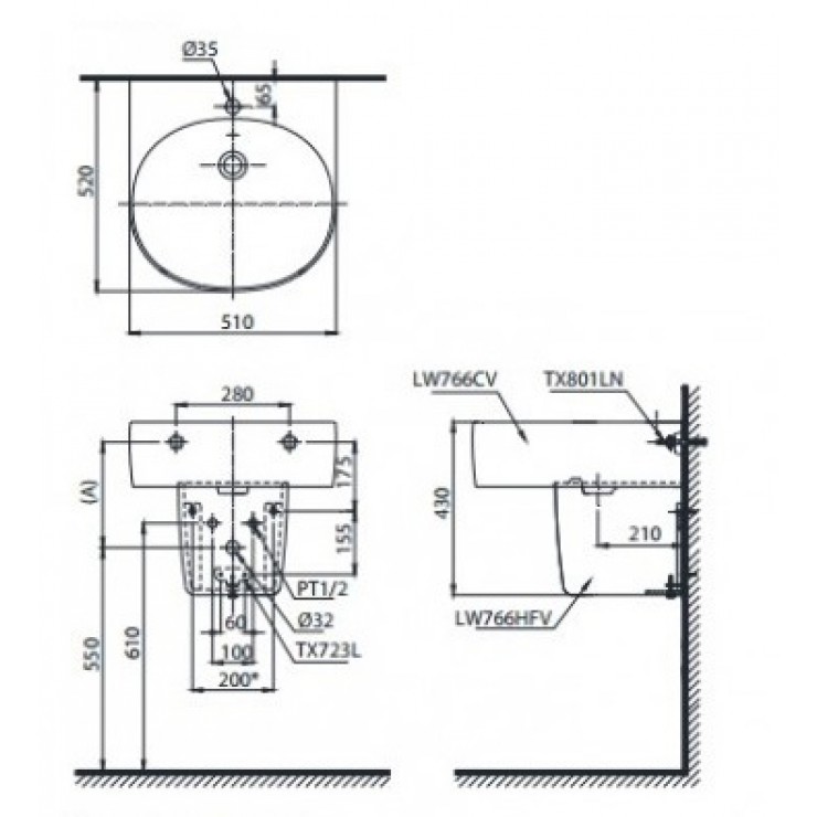 Chậu Lavabo TOTO LHT766CR Treo Tường Chân Ngắn