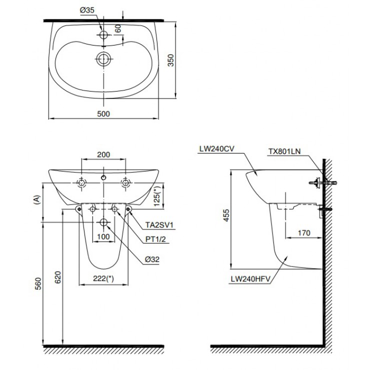 Chậu Lavabo TOTO LHT240CS Treo Tường Chân Ngắn