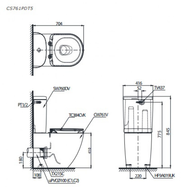 Bồn Cầu Hai Khối TOTO CS761PDT5 Thoát Ngang