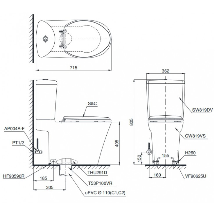 Bồn Cầu Hai Khối TOTO CS819DST3 Nắp TC385VS