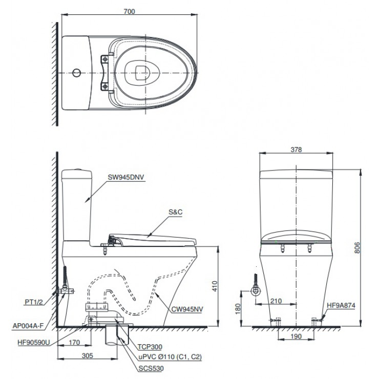 Bồn Cầu TOTO CS945DNT2 2 Khối Nắp TC393VS