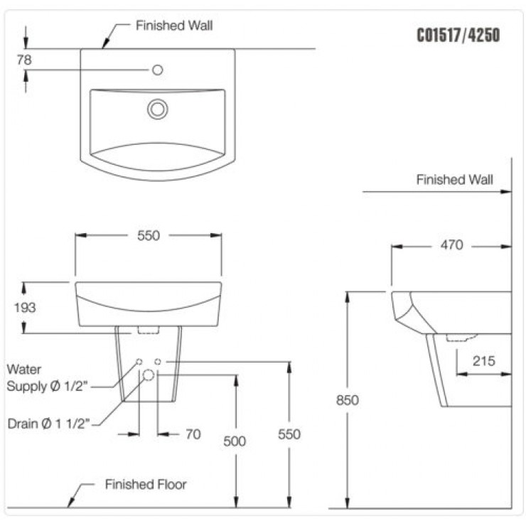 Chậu Lavabo COTTO C01517/C4250 Tetragon Chân Ngắn