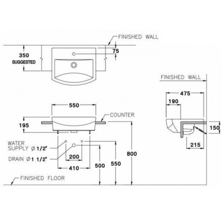 Chậu Lavabo COTTO C02427 Tetragon Bán Âm Bàn