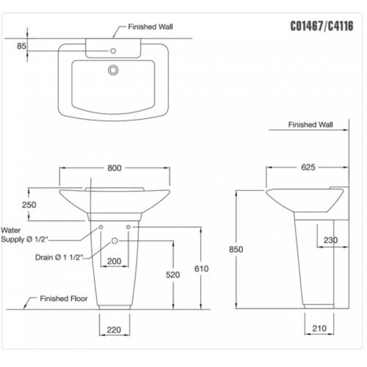 Chậu Rửa Mặt Lavabo COTTO C01467/C4116 Hercules Chân Dài