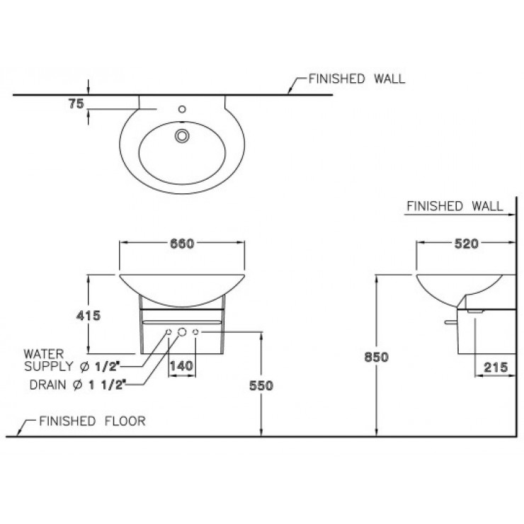 Chậu Rửa Mặt Lavabo COTTO SC01027 Charisma Chân Ngắn