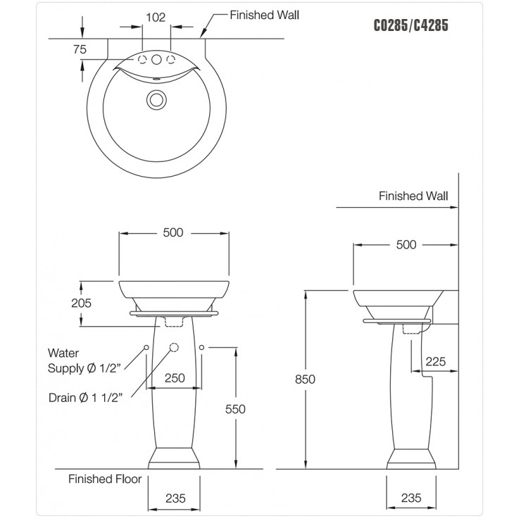 Chậu Rửa Lavabo COTTO C0285/C4285 Alpha Chân Dài