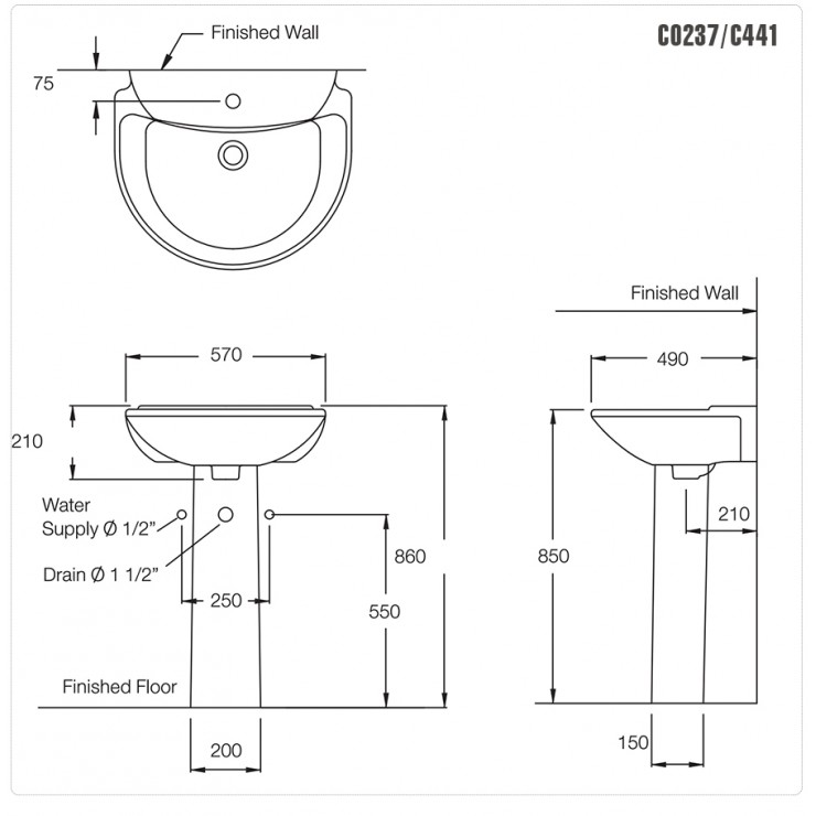 Chậu Lavabo COTTO C0237/C411 Chân Dài Sasha