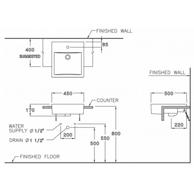 Chậu Lavabo COTTO C02717 Parvis Bán Âm Bàn