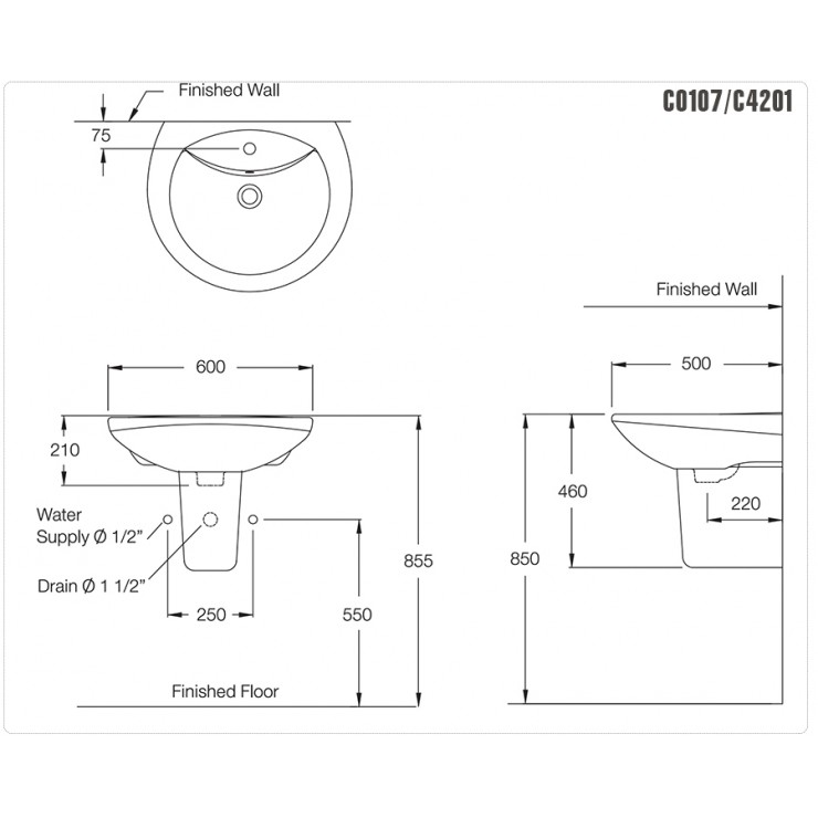 Chậu Rửa Mặt Lavabo COTTO C0107/C4201 Alice Chân Ngắn