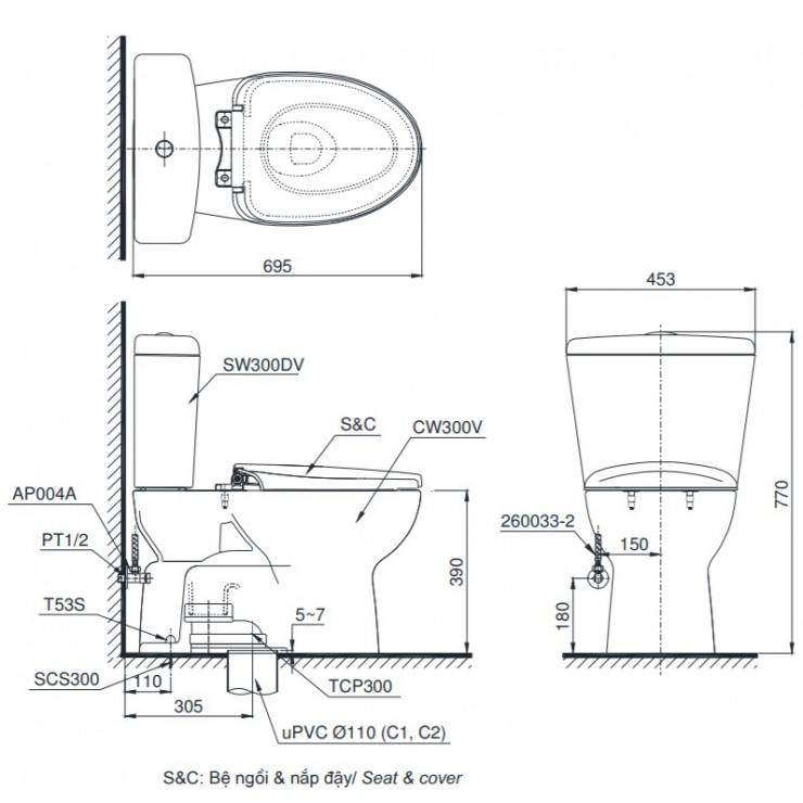 Bồn Cầu Hai Khối TOTO CS300DT3Y1 Nắp TC385VS