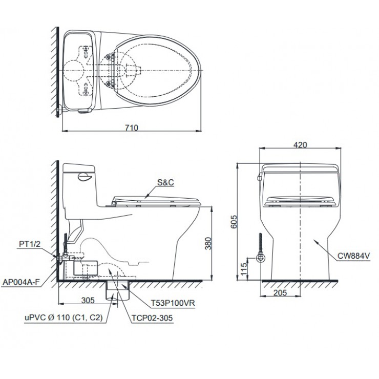 Bồn Cầu TOTO MS884T3 1 Khối Nắp TC385VS