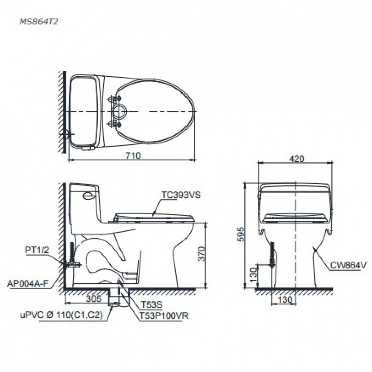 Bồn Cầu TOTO MS864T3 1 Khối Xả Gạt Nắp TC385VS