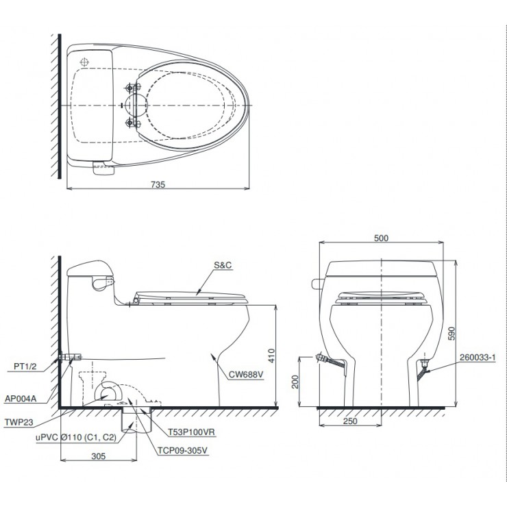 Bàn Cầu TOTO MS688E2 Một Khối Nắp Cơ