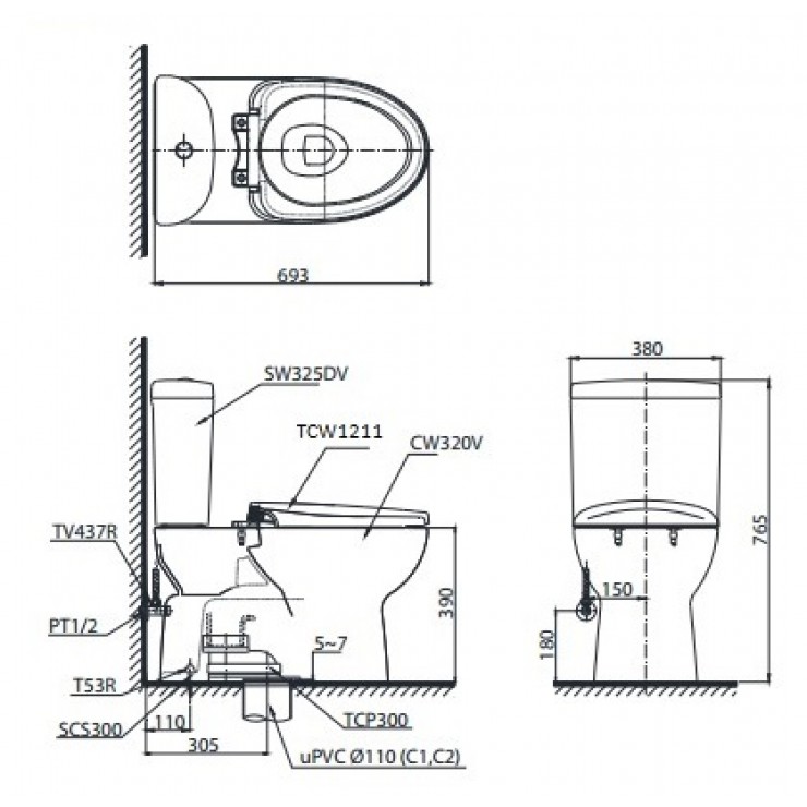 Bồn Cầu TOTO CS325DRE4 Hai Khối Nắp Cơ