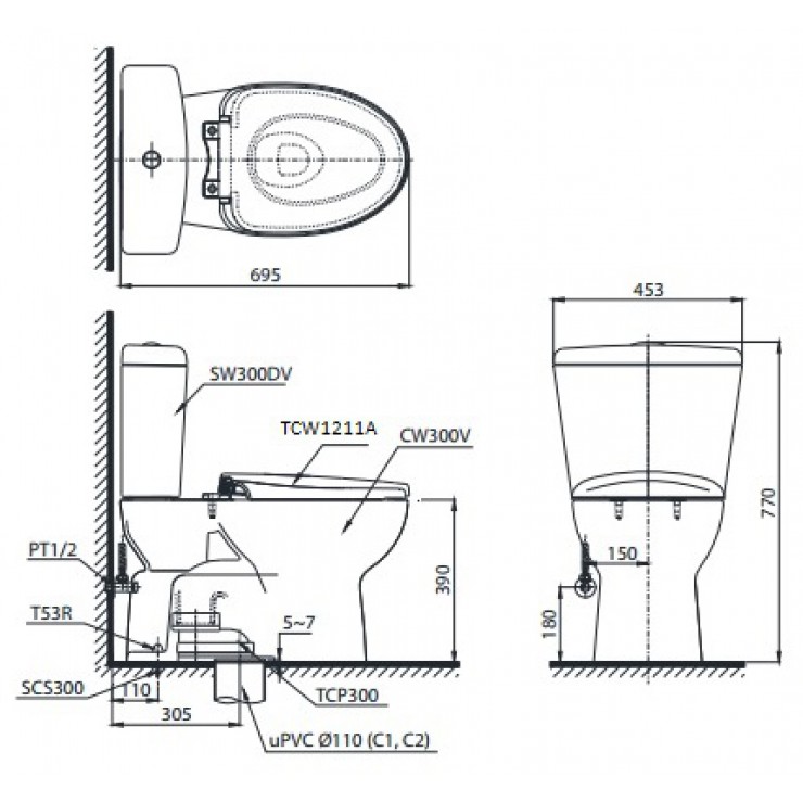 Bồn Cầu TOTO CS300DRE4 Hai Khối Nắp Cơ