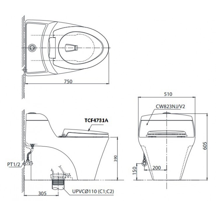 Bồn Cầu Điện Tử TOTO CW823NW/FW4 Nắp Tự Động Đóng Mở