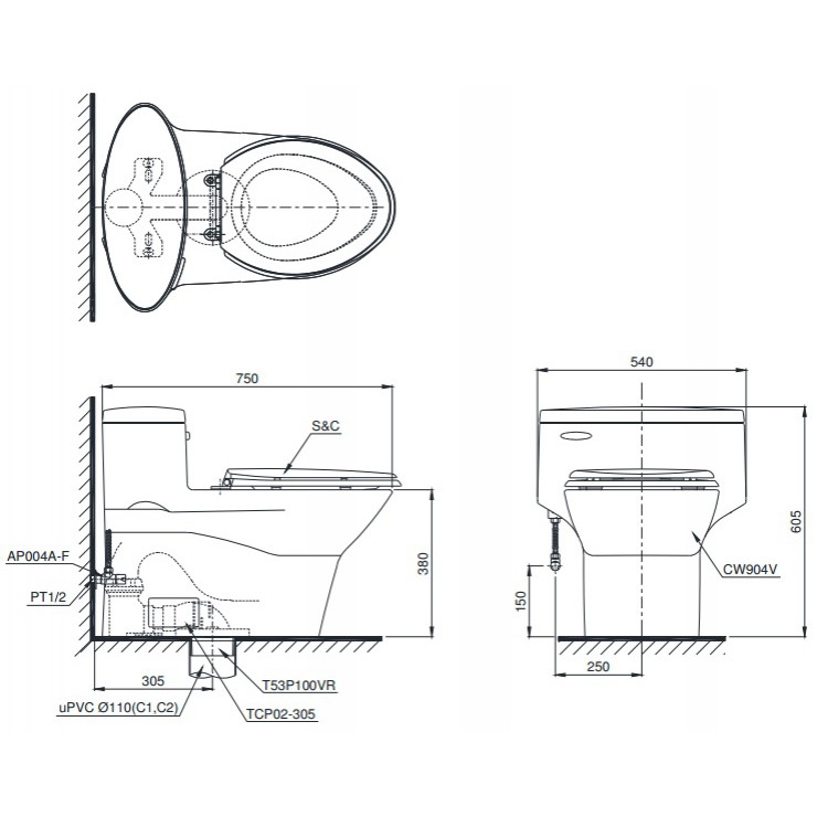 Bồn Cầu Một Khối TOTO MS904T2 Nắp Êm TC393VS