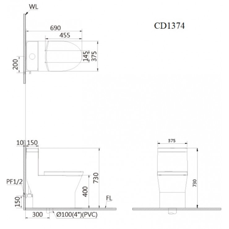 Bồn Cầu Caesar CD1374 1 Khối