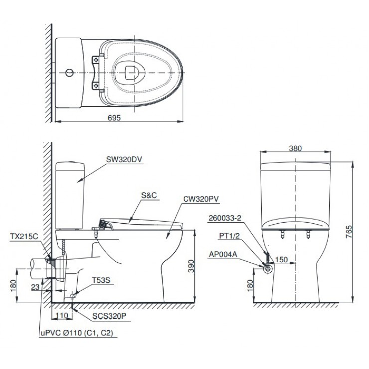 Bồn Cầu 2 Khối TOTO CS320PDRT3 Nắp TC385VS Thoát Ngang