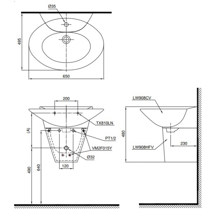 Chậu Lavabo TOTO LHT908C Treo Tường Chân Ngắn