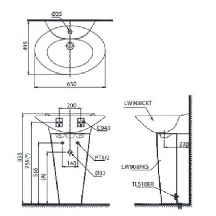 Chậu Lavabo TOTO LPT908C Treo Tường Chân Dài