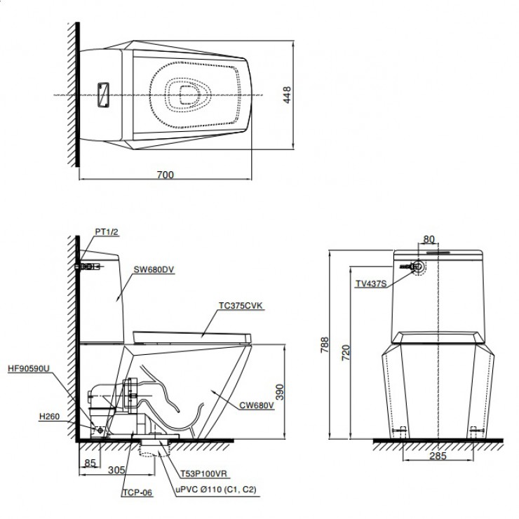 Bồn Cầu 2 Khối TOTO CS680DT4 Nắp TC375CVK