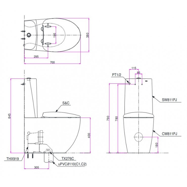 Bồn Cầu TOTO CW811PJWS/SW811JPW/F 2 Khối