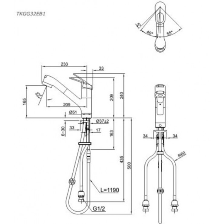 Vòi rửa chén bát TOTO TKGG32EB1S (TKGG32EB1) nóng lạnh dây rút