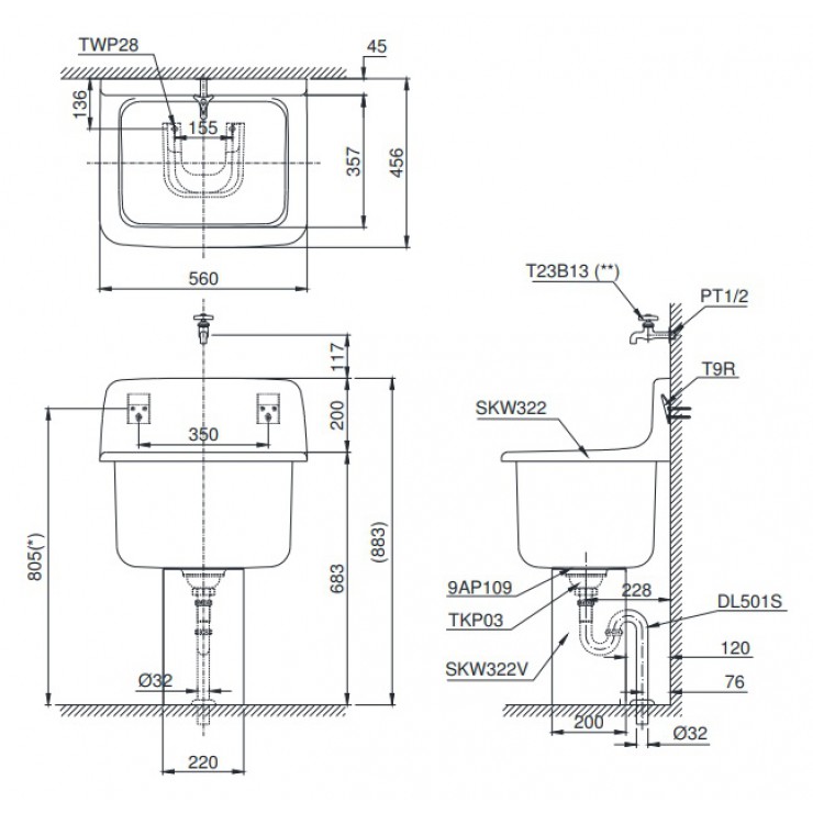 Chậu Đa Năng TOTO SK322/SK322F Treo Tường