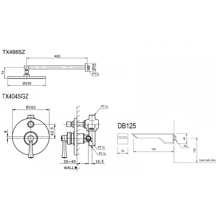 Sen Tắm TOTO TX488SZ/TX404SGZ/DB125 Âm Tường