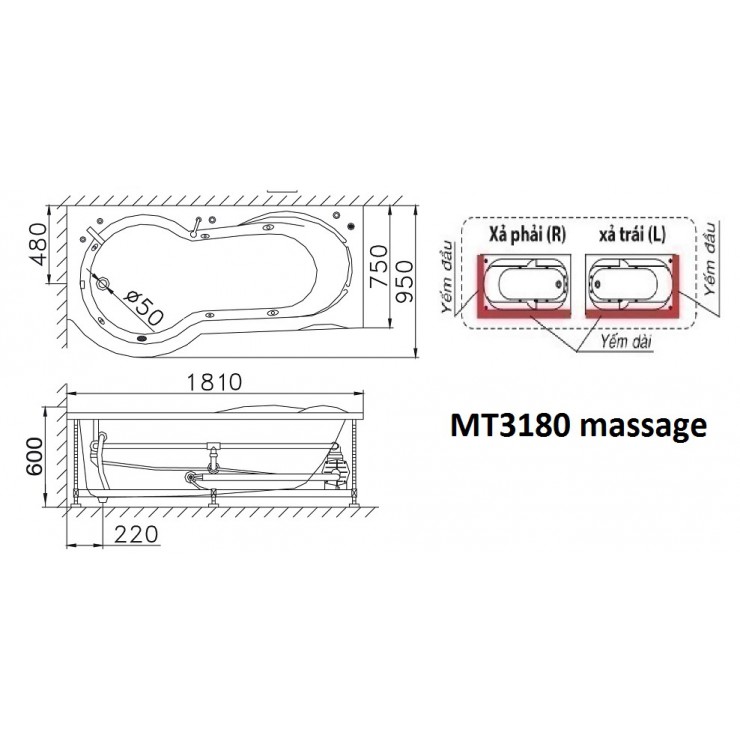 Bồn Tắm Massage Caesar MT3180L/R Chân Yếm Dài 1.8M