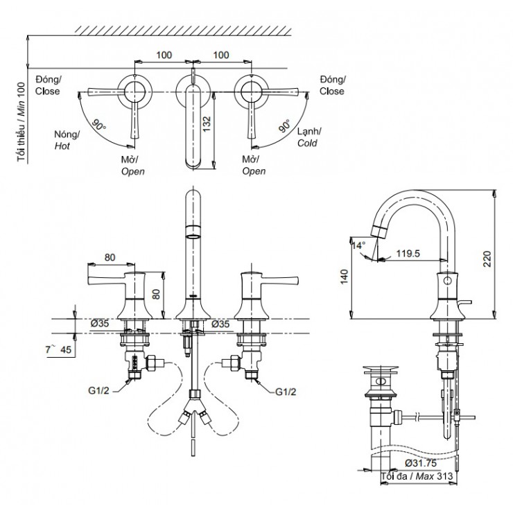 Vòi Lavabo TOTO TLS02201B Nóng Lạnh 3 Lỗ