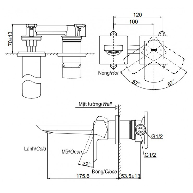 Vòi Lavabo TOTO TLG02310BB (TLG02310B) Nóng Lạnh Gắn Tường