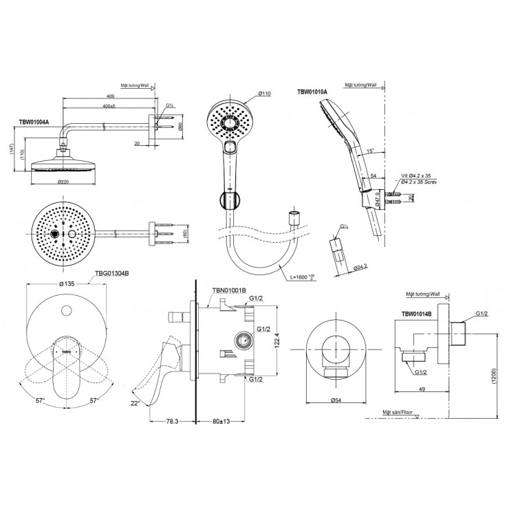 Sen Tắm TOTO TBG01304BA/TBW01004A/TBW01010A Âm Tường