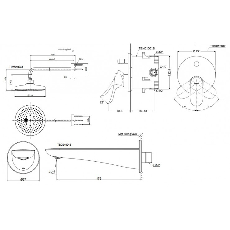 Sen Tắm TOTO TBG01304BA/TBW01004A/TBG01001B Âm Tường Xả Bồn