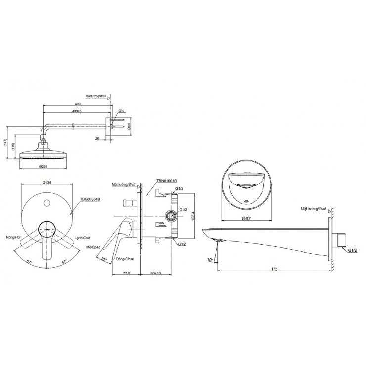 Sen Tắm TOTO TBG03304BA/TBW01004A/TBG01001B Âm Tường Xả Bồn