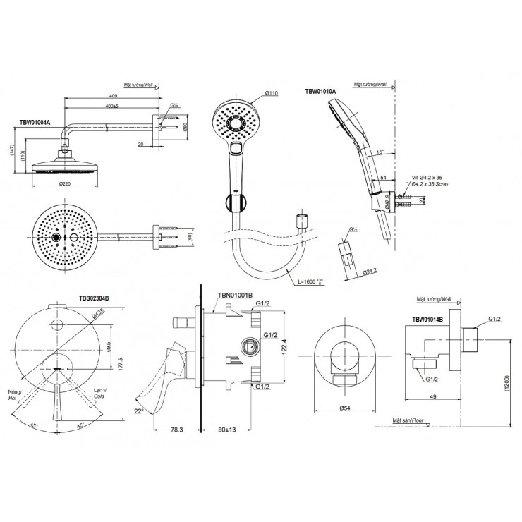 Sen Tắm TOTO TBS02304B/TBW01004A/TBW01010A Âm Tường