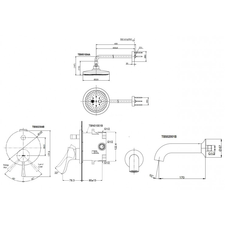 Sen Tắm TOTO TBS02304B/TBW01004A/TBS02001B Âm Tường Xả Bồn